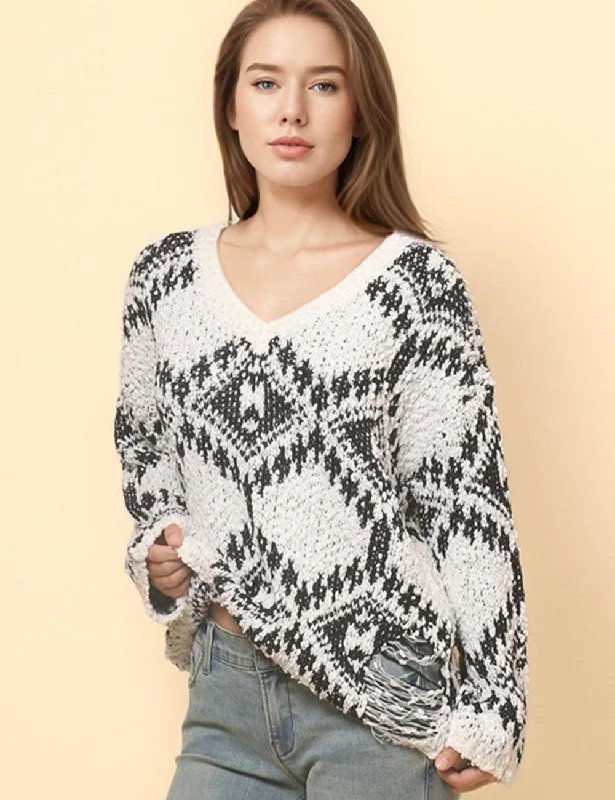 Ladies Color Block Totem Bohemia V-Neck Sweater SKT4849 Iron Safe Non-Iron Wrinkle Free