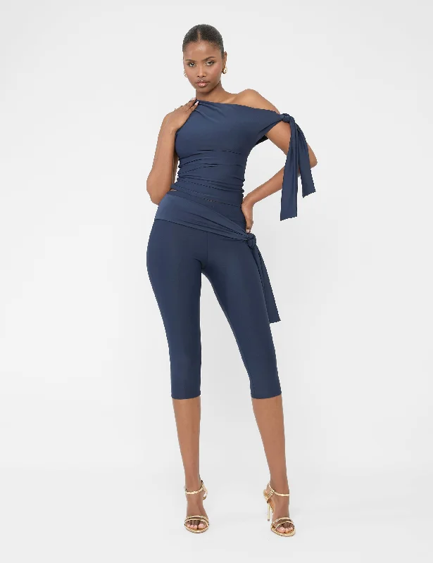 Knot Detail Tie Side Luxe Slinky Capri Pants Navy Comfy Athletic Pants