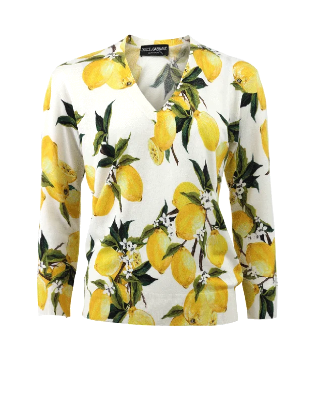 Lemon Print Cashmere Sweater Zippered Buttoned Snapped