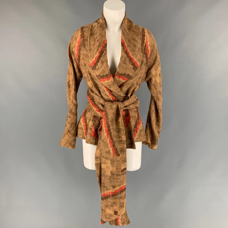 RALPH LAUREN Size 4 Tan & Brown Textured Linen Belted Jacket Fleece Jacket Down Jacket Parka RALPH LAUREN Size 4 Tan & Brown Textured Linen Belted Jacket Fleece Jacket Down Jacket Parka