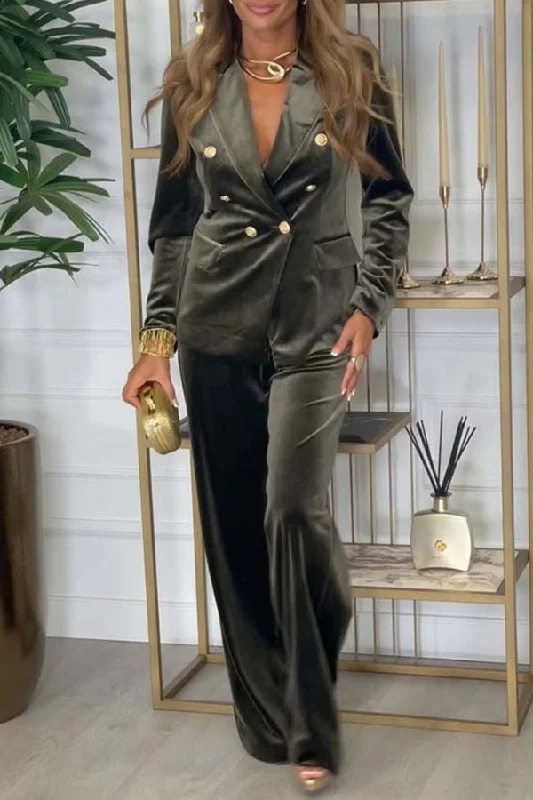 Solid Color Velvet Feminine Double Breasted Pant Suit Cozy Knit Pants