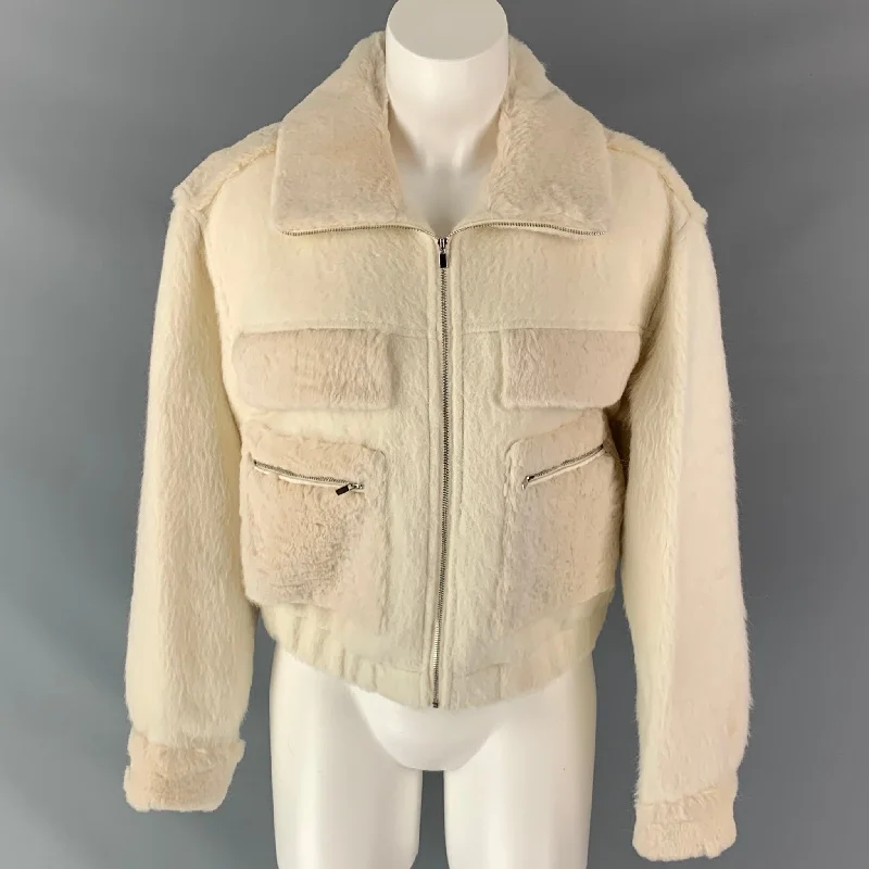 DIANE VON FURSTENBERG Size 8 Cream Wool / Alpaca Zip Up Jacket Cotton Fabric Linen Fabric Terry Fabric DIANE VON FURSTENBERG Size 8 Cream Wool / Alpaca Zip Up Jacket Cotton Fabric Linen Fabric Terry Fabric