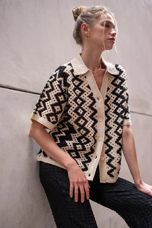 Black & Cream Crochet Sweater Stretchy Elastic Breathable