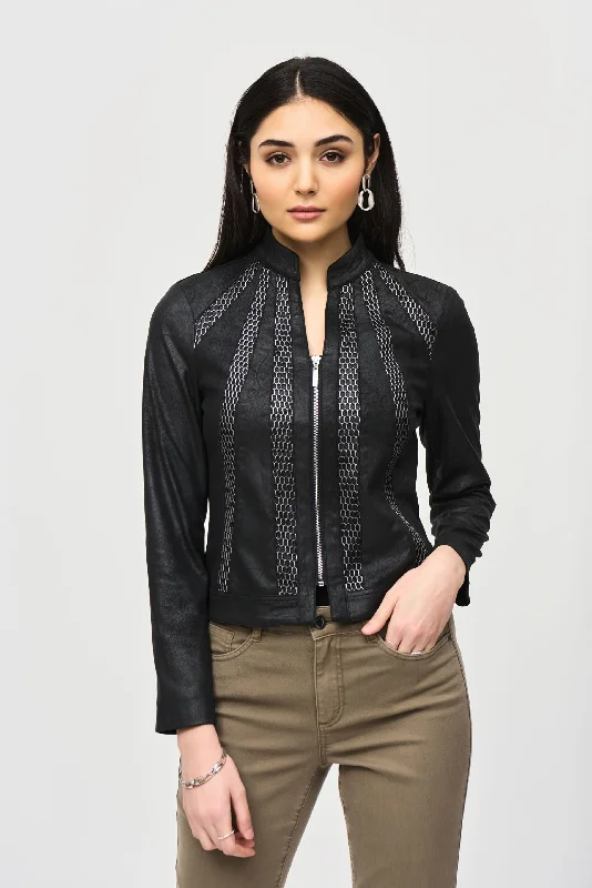 Joseph Ribkoff Black/Silver Metallic Mesh Faux Suede Jacket 243972 Faux Fur Fabric Real Fur Fabric Shearling Fabric Joseph Ribkoff Black/Silver Metallic Mesh Faux Suede Jacket 243972 Faux Fur Fabric Real Fur Fabric Shearling Fabric