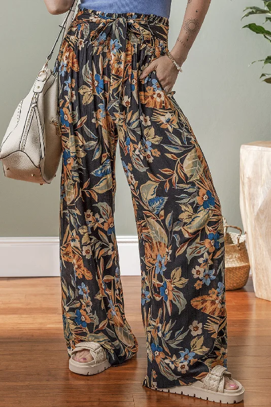 Multicolour Floral Shirred High Waist Wide Leg Pants With Tie Casual Skinny Fit Pants