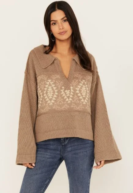Women's Miss Me Aztec Knit Collar Moss Sweater Casual Formal Business
