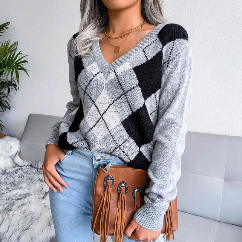 Geometric V-Neck Sweater Women Thin Thick Dense