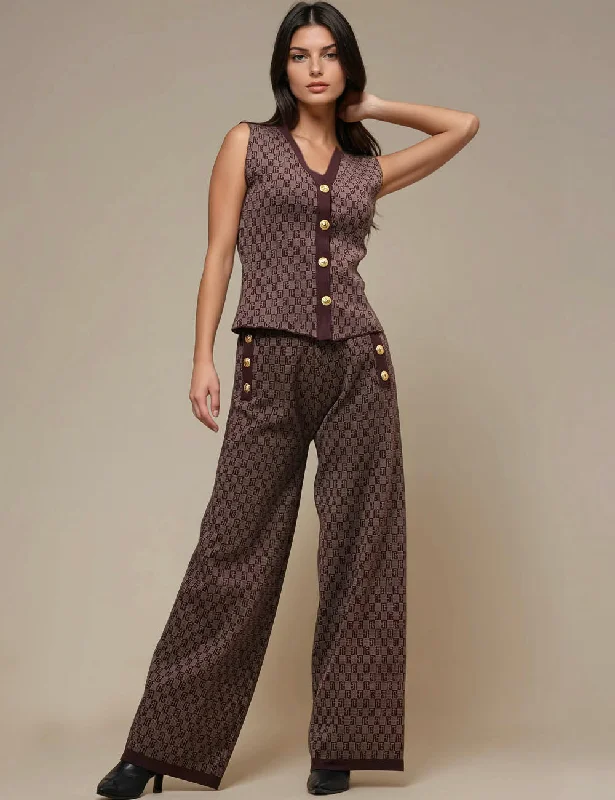 Ladies Color Block V-Neck Vest Pants Sweater Set SKST41057 Terry Blend Velvet Blend Canvas Blend