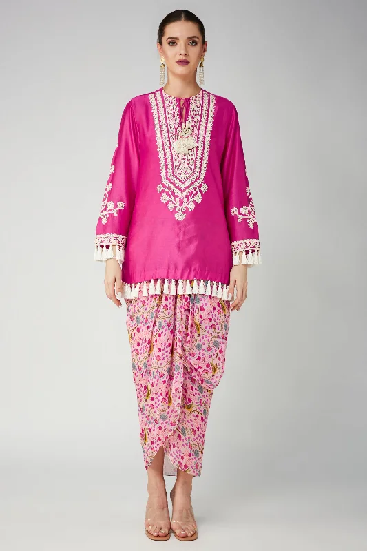 Rani Pink Chanderi Silk Embroidered Kurta and Pink Drape Skirt Set modal blend skirt