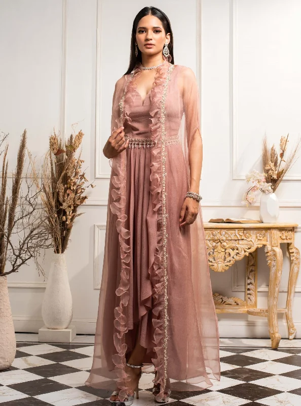 Dusty Pink Dress With Jacket And Belt Welt Pockets Slit Pockets Flap Pockets