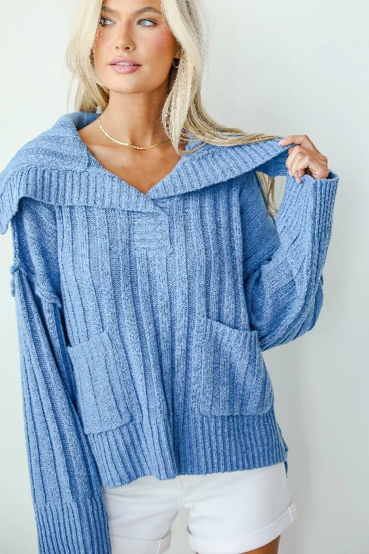 Happy Aesthetic Blue Collared Sweater Fitted Slim Tailored