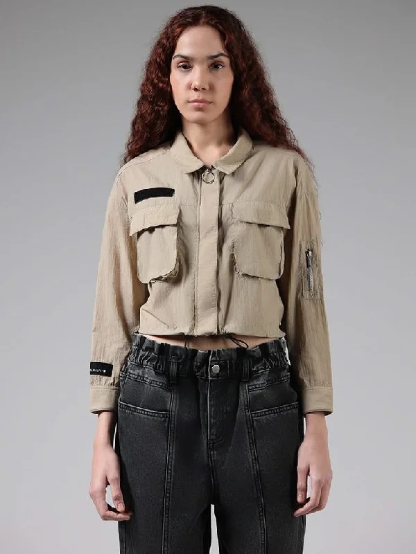 Nuon Solid Beige Crop Windcheater Jacket Satin Jacket Silk Jacket Chiffon Jacket