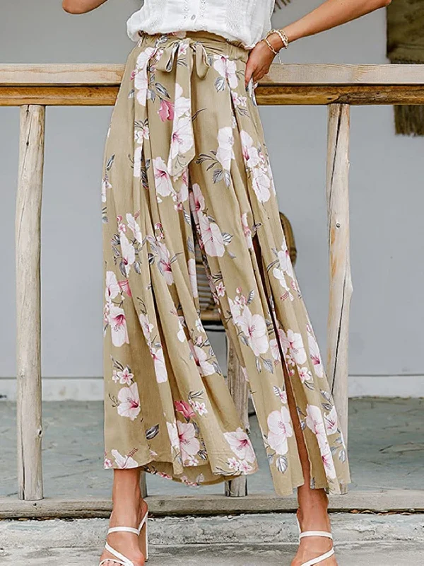 Tied Waist Slit Floral Wide Leg Pants Comfortable Jogger Trousers