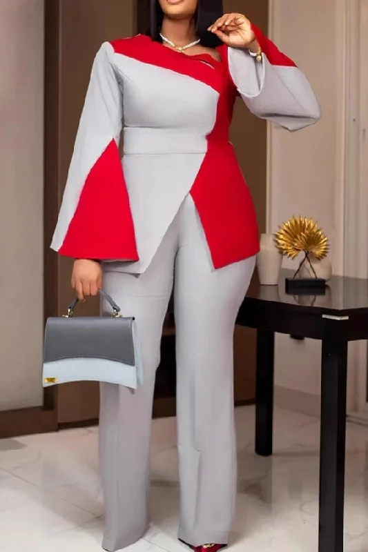 Color Block Bell Sleeve Stylish Pant Suit Classic Chino Pants