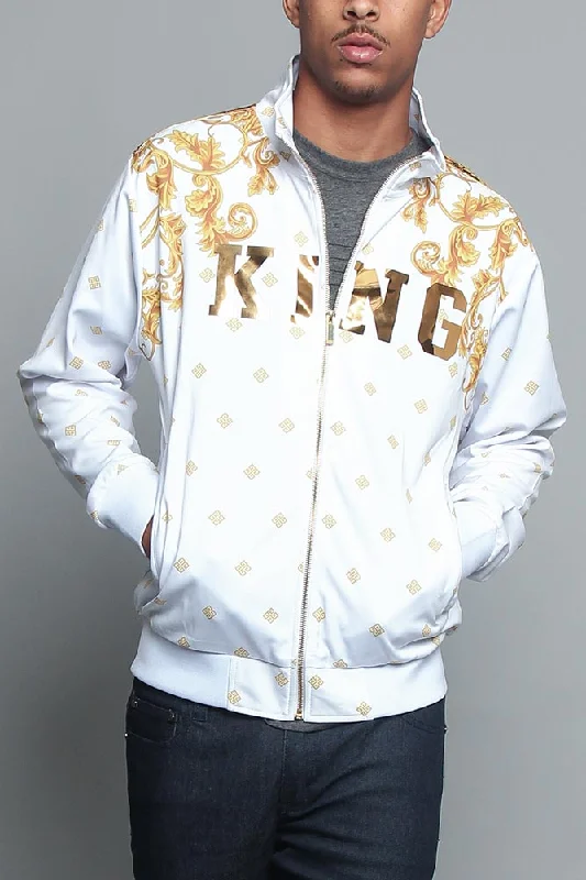 Jeweled Tiger King Zip Up Track Jacket Notch Collar Peter Pan Collar Cowl Neck