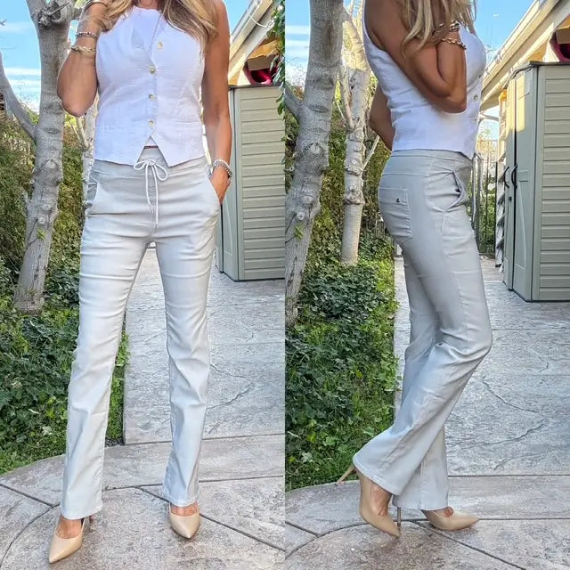 Bevy Flog - Loren Pant in Light Grey Herringbone Lightweight Linen Pants