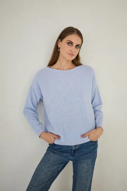 Cashmere Sweater Juliette Pale Blue Houndstooth Herringbone Solid