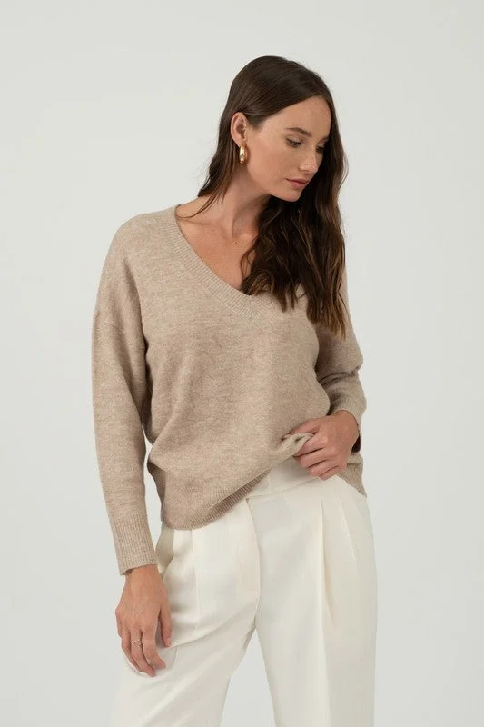 Solid V-Neck Drop Shoulder Knit Sweater Boxy Sweater Fitted Sweater A-Line