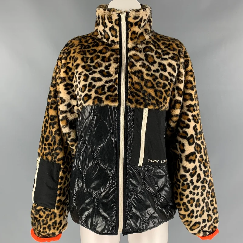 ZANDY LIANG Size XS Tan & Black Leoaprd Print Polyester Blend Dean Faux Fur Jacket Satin Fabric Silk Fabric Chiffon Fabric ZANDY LIANG Size XS Tan & Black Leoaprd Print Polyester Blend Dean Faux Fur Jacket Satin Fabric Silk Fabric Chiffon Fabric