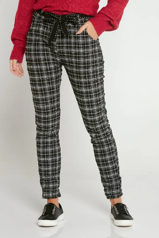 Megan Pants - Black/White Tartan Elegant Palazzo Trousers