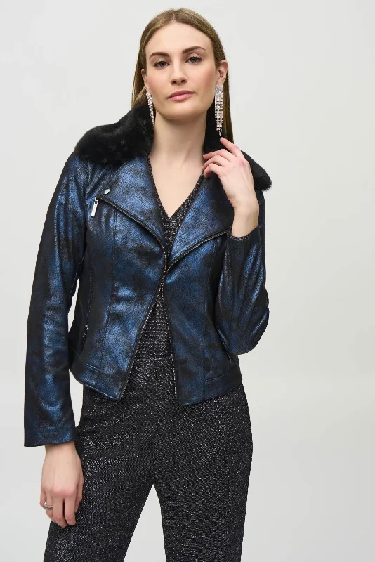Joseph Ribkoff Blue/Black Foiled Suede Faux Fur Collar Moto Jacket 244918 Nylon Fabric Polyester Fabric Spandex Fabric Joseph Ribkoff Blue/Black Foiled Suede Faux Fur Collar Moto Jacket 244918 Nylon Fabric Polyester Fabric Spandex Fabric
