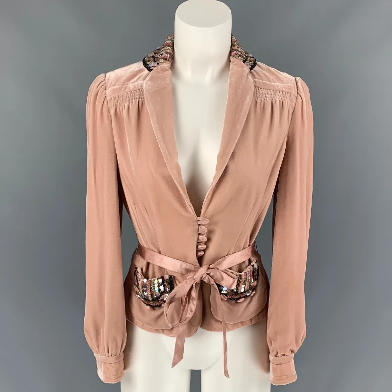 MARC by MARC JACOBS Size 6 Rose Rayon / Silk Beaded Jacket Notch Collar Peter Pan Collar Cowl Neck MARC by MARC JACOBS Size 6 Rose Rayon / Silk Beaded Jacket Notch Collar Peter Pan Collar Cowl Neck