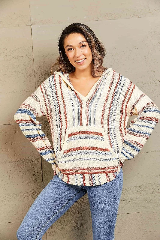Striped Hooded Sweater with Kangaroo Pocket Transparent Opaque Sheer