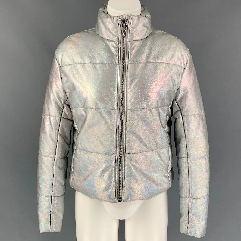 VEDA Size S Silver Iridescent Quilted Polyeurethane Zip Up Jacket Bomber Jacket Anorak Windbreaker VEDA Size S Silver Iridescent Quilted Polyeurethane Zip Up Jacket Bomber Jacket Anorak Windbreaker