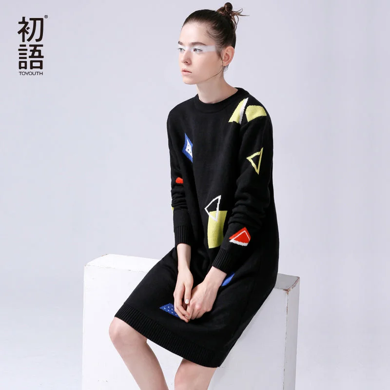 Sweater Dress Women Casual Cotton Dresses Houndstooth Herringbone Solid