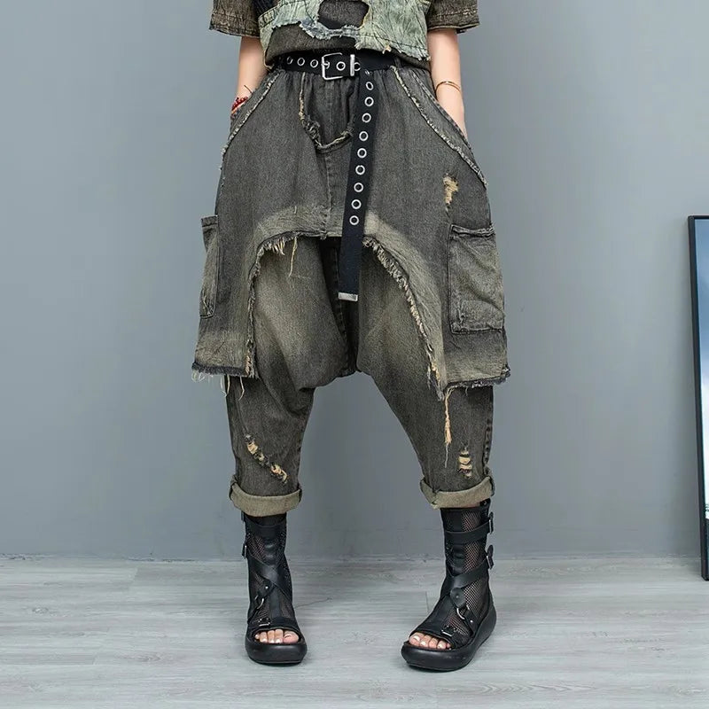 Patchwork Denim Pants High-Waist Yoga Pants
