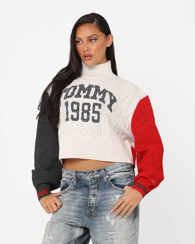 Tommy Jeans Women's Colour-Blocked Cropped Cable Sweater Ancient White/Multi Soft Cozy Warm