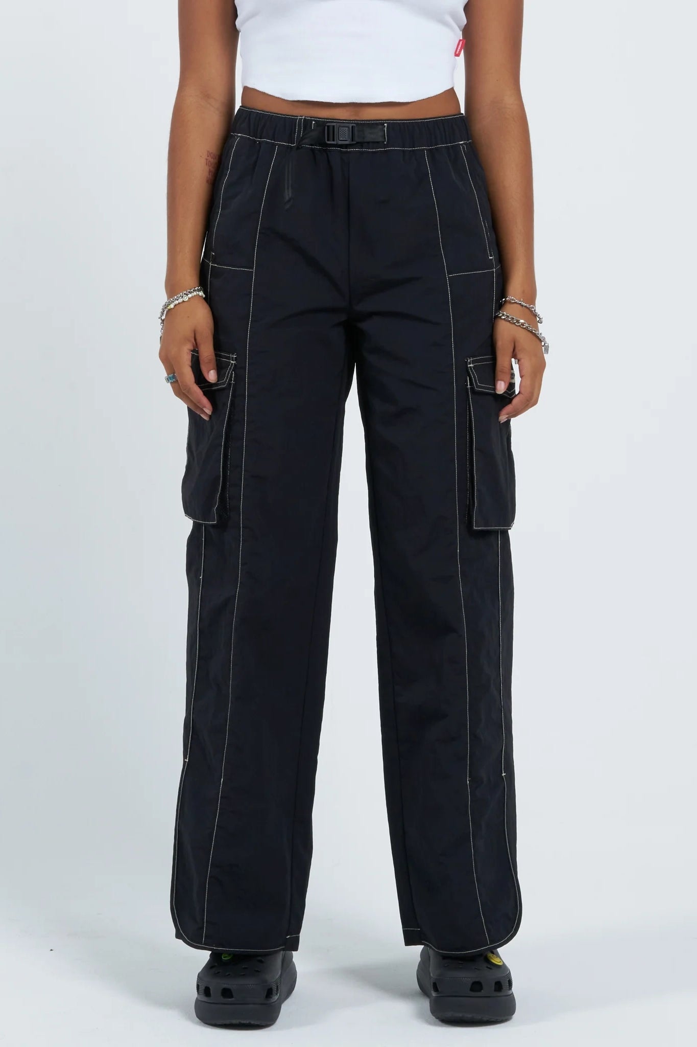 WORSHIP SUPPLIES ALIENATION NYLON PANT - WASHED BLACK Fashionable Button-Up Pants