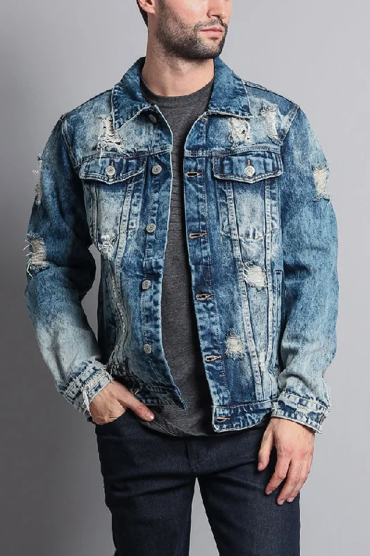Distressed Scribble Denim Jacket Elasticated Jacket Padded Jacket Insulated Jacket