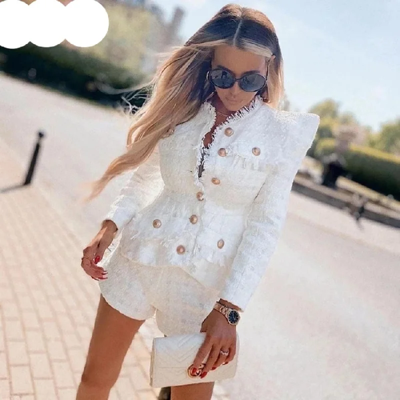 High Quality Spring New Tweed 2 Two-Piece Set Sexy O-Neck Long Sleeve Single Breasted Jacket And Pants Club Party Set Comfortable Wide-Leg Pants