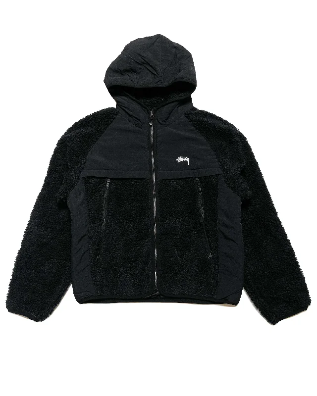 Stüssy Sherpa Paneled Hooded Jacket Black Notch Collar Peter Pan Collar Cowl Neck