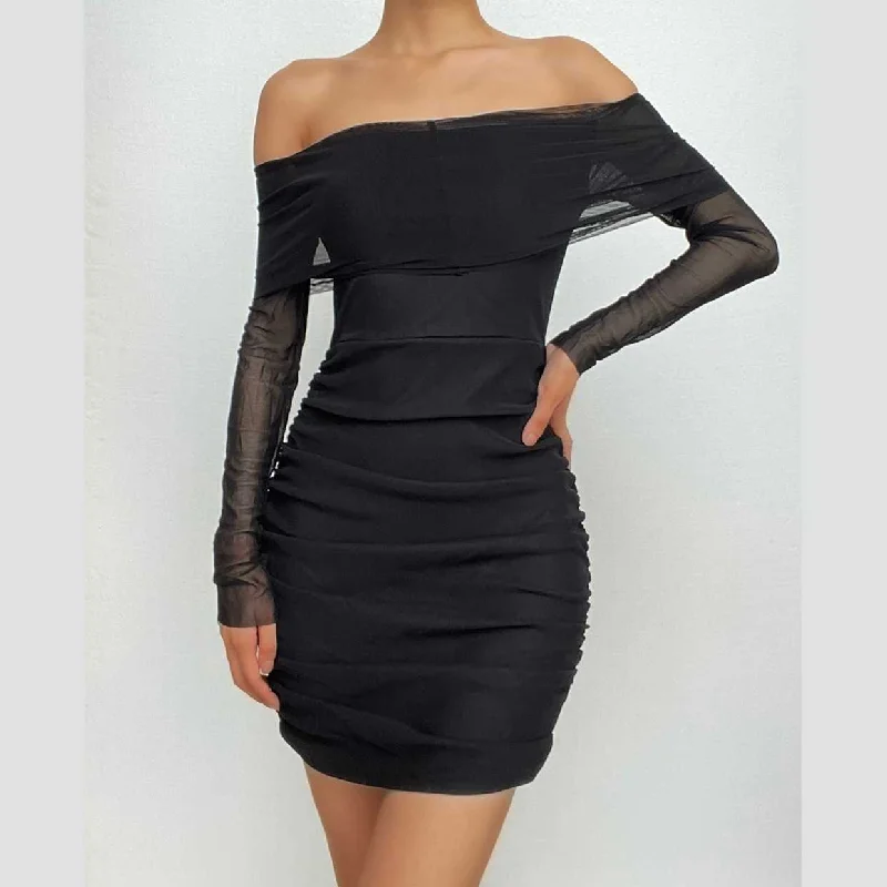 BerryBetty - Mesh off shoulder solid long sleeve ruched mini dress Elegant Lace-Up Mini Dress BerryBetty - Mesh off shoulder solid long sleeve ruched mini dress Elegant Lace-Up Mini Dress