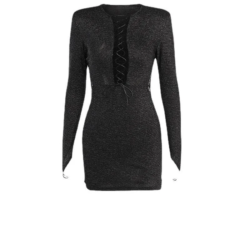 BerryBetty - Long sleeve hollow out lace up gloves textured mini dress - Final Sale Comfortable Shift Mini Dress