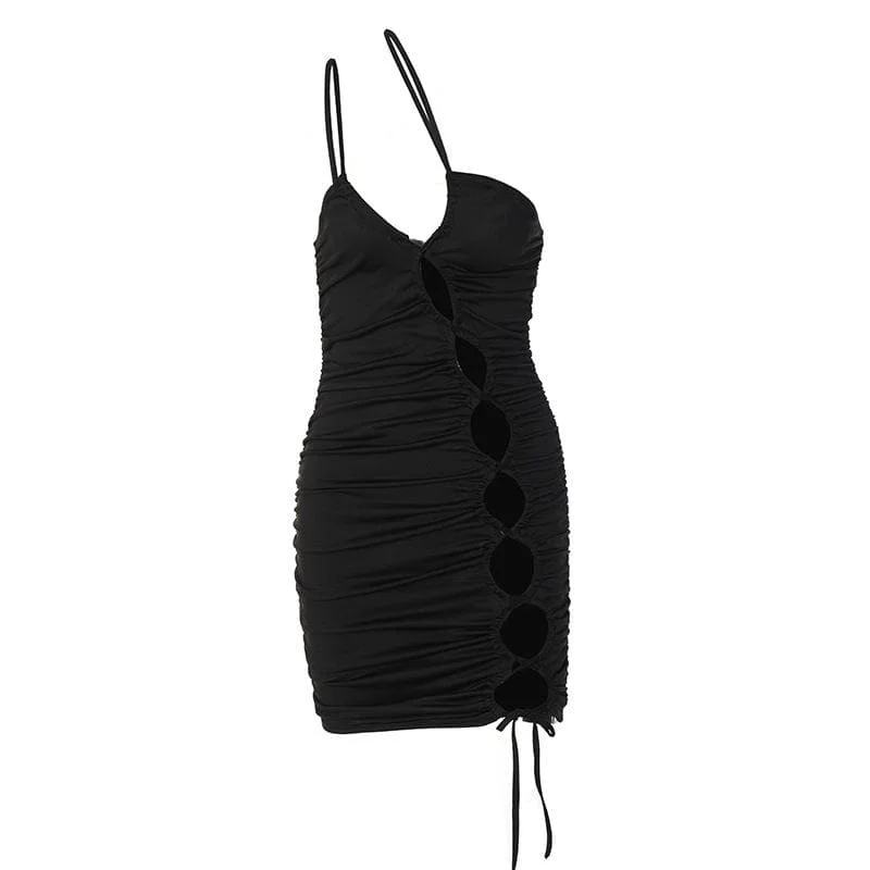 BerryBetty - Hollow out ruched solid one shoulder self tie backless mini dress Classic Casual Mini Dress