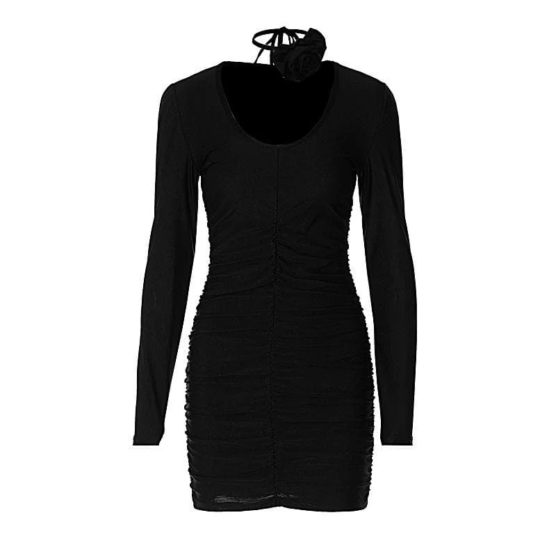 BerryBetty - Ruched long sleeve flower applique u neck solid mini dress Chic Puff Sleeve Mini Dress BerryBetty - Ruched long sleeve flower applique u neck solid mini dress Chic Puff Sleeve Mini Dress