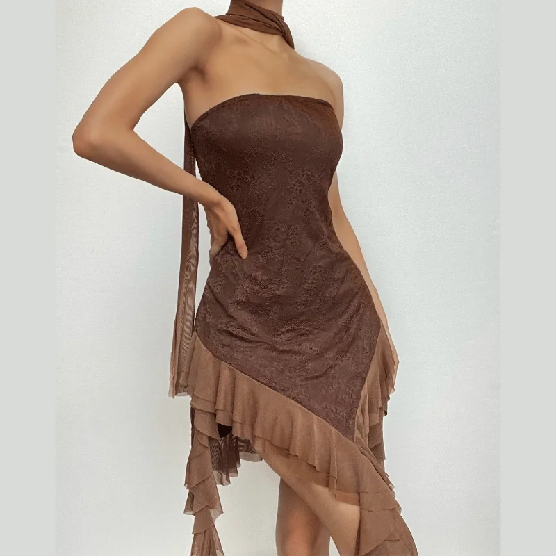 BerryBetty - Mesh ruffle ribbon irregular solid backless tube mini dress Fashionable Denim Mini Dress