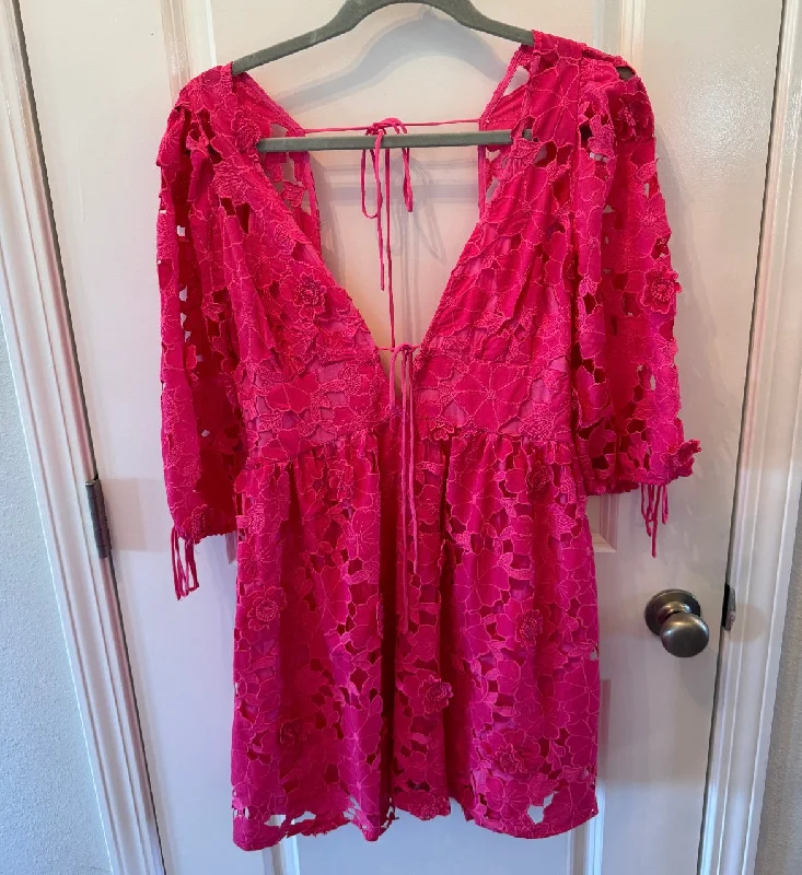 Storia Crochet Floral Lace Mini Dress w Puff Sleeves Open Back Women’s Size Large Pink Chic Puff Sleeve Mini Dress