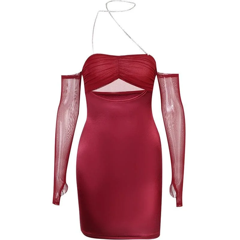 BerryBetty - Mesh gloves solid halter ruched hollow out off shoulder mini dress Cozy T-Shirt Mini Dress