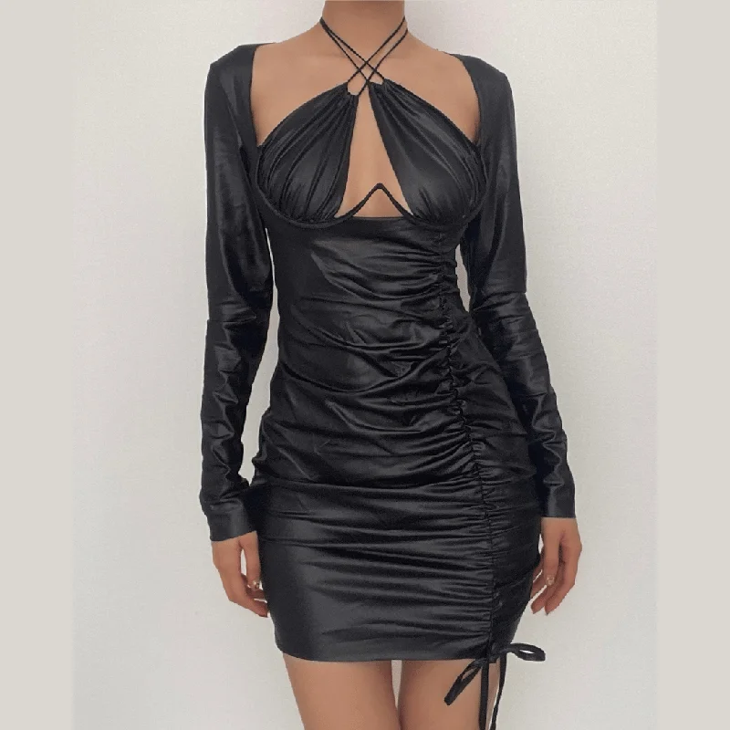 BerryBetty - Drawstring solid long sleeve cross front halter low cut mini dress Elegant Off-Shoulder Dress Mini