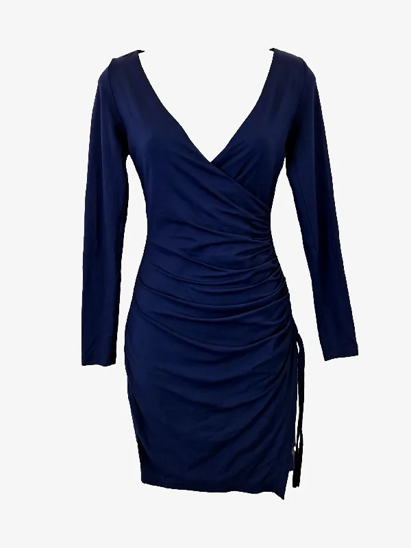 Kookai Navy Ruched Wrap Zuri Mini Dress Size 8 Trendy Off-Shoulder Dress Mini