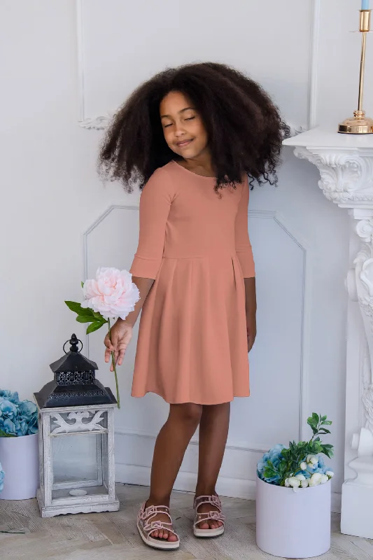 Terracotta Rose Skater Flowy 3/4 Sleeve Easter Party Dress - Girls Tunics Versatile functional Terracotta Rose Skater Flowy 3/4 Sleeve Easter Party Dress - Girls Tunics Versatile functional