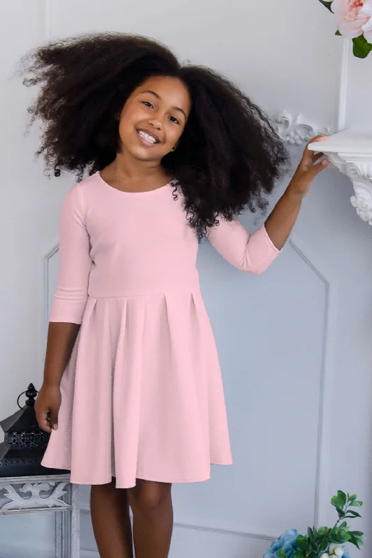 Baby Pink Blush Skater Fit & Flare 3/4 Sleeve Flowy Easter Party Dress - Girls Tunics Cozy soft Baby Pink Blush Skater Fit & Flare 3/4 Sleeve Flowy Easter Party Dress - Girls Tunics Cozy soft