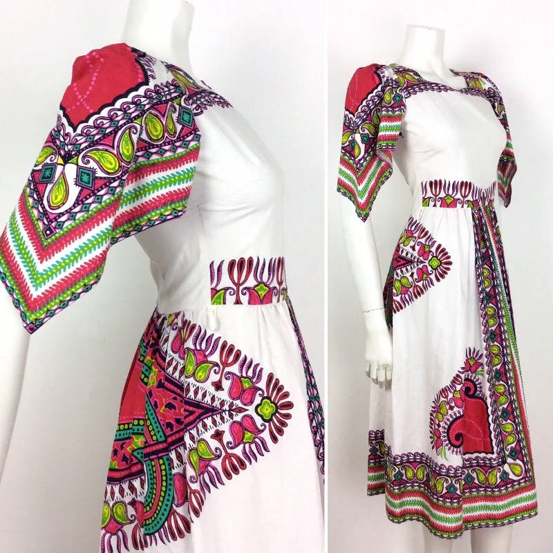 VTG 70S WHITE PINK GREEN COTTON KAFTAN DASHIKI FESTIVAL CAPE SLEEVE DRESS 6 Tunics Polka dots