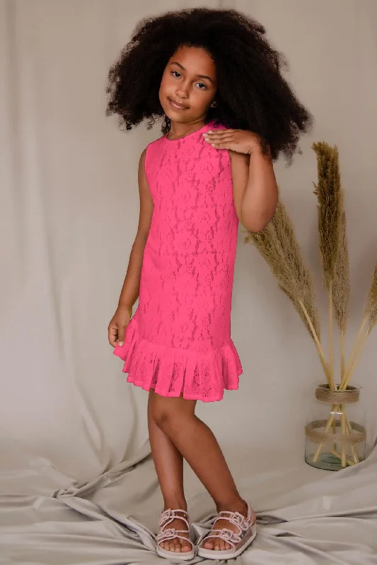 Bright Neon Pink Lace Sleeveless Summer Holiday Party Dress - Girls Sequined Elegant Party Bright Neon Pink Lace Sleeveless Summer Holiday Party Dress - Girls Sequined Elegant Party