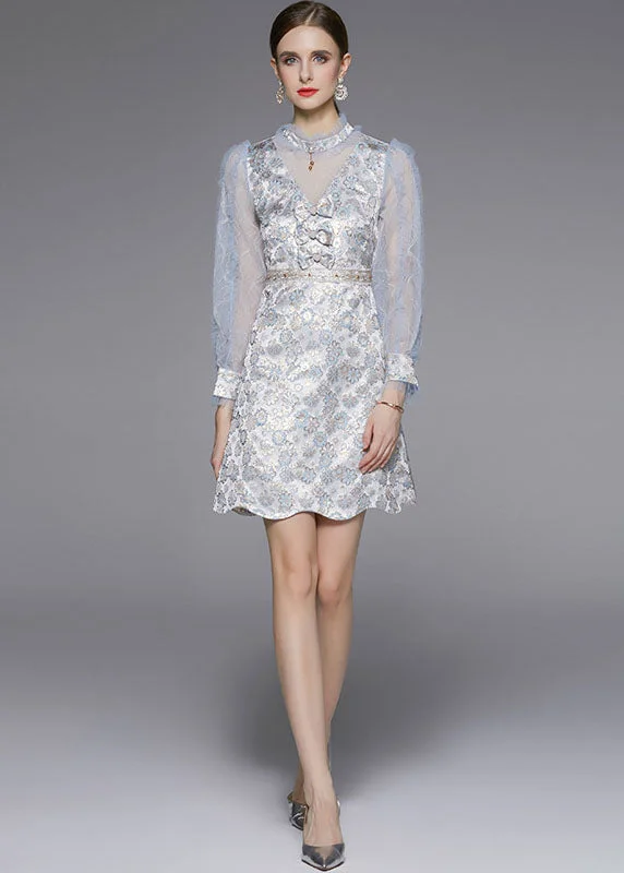 Women Light Blue Bow Jacquard Patchwork Tulle Party Dress Fall Square Neckline Feminine Women Light Blue Bow Jacquard Patchwork Tulle Party Dress Fall Square Neckline Feminine