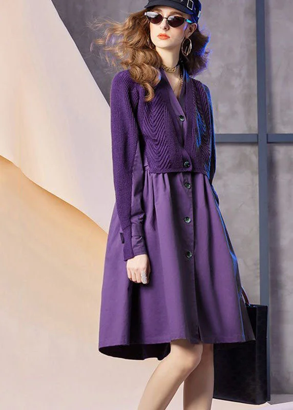Boho Purple V Neck Patchwork Knit Fake Two Piece Party Dress Spring empire Waist empire Boho Purple V Neck Patchwork Knit Fake Two Piece Party Dress Spring empire Waist empire